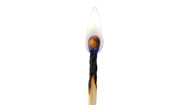 Burning match with bright flame, isolated on transparent background