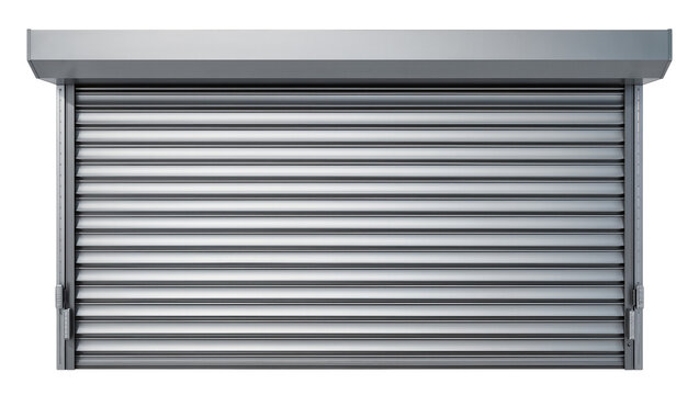 Metallic security roller shutter door closed and locked, isolated on transparent background