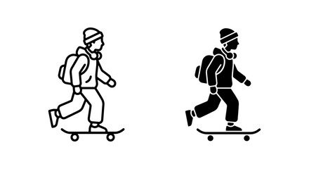 Fototapeta premium Skateboarder Icon Set, Outline and Silhouette, Youthful Urban Lifestyle, Active Outdoor Sport