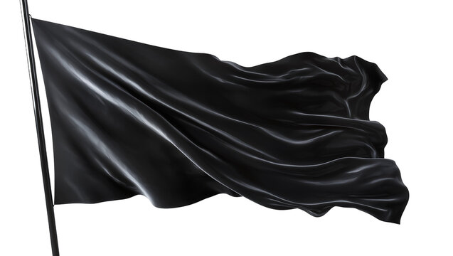 Waving black satin flag on flagpole, isolated on transparent background