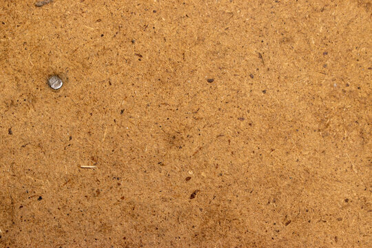 Close-up of a brown hardboard or chipboard panel texture with a small metal nail head in the top left corner. Perfect for industrial or construction backgrounds.