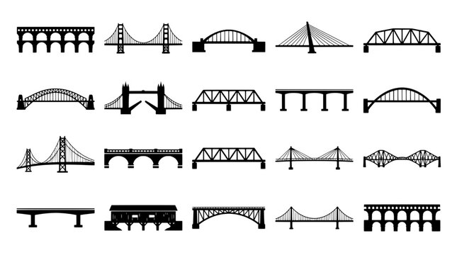 Bridge icon set with black line art silhouettes and arches for road transport maps, travel guides, and urban planning graphics