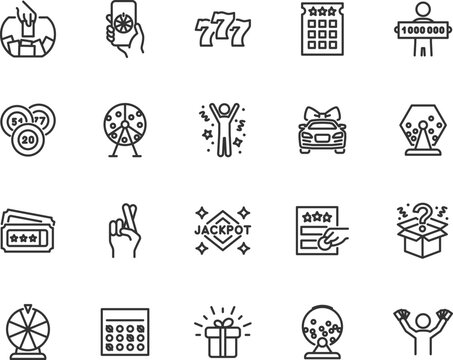 Vector set of lottery line icons. Contains icons raffle, bingo, jackpot, winner, prize, surprise box, lotto and more. Pixel perfect.