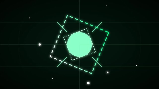 Glowing green circle inside a square frame with digital tech lines on a dark background