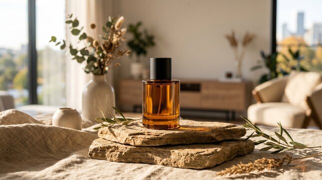 Amber perfume bottle on unmade bed with dried flowers in minimalist bedroom setting
