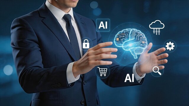 Corporate executive managing artificial intelligence concepts with a glowing digital brain surrounded by cloud computing and security icons for tech innovation.