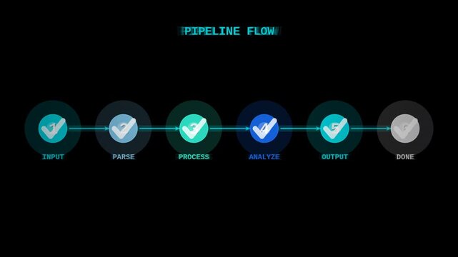 Sequential arrow pipeline HUD animated seamless loop alpha overlay with glowing process flow and cyan neon nodes