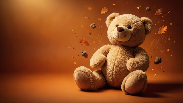 Adorable ours en peluche duveteux assis entour&eacute; de feuilles d&rsquo;automne tombantes et de glands sur un fond orange chaleureux