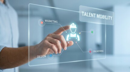 Obraz premium Skills-based workforce - A hand guides a worker along a new career path, representing talent mobility and skills matching on a modern, clean digital interface.