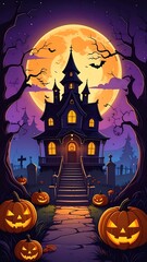 Fototapeta premium Spooky haunted house with glowing pumpkins under a full moon at night