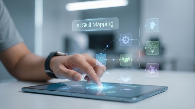 Skills-based workforce - A soft-focus hand connects AI icons forming a skill map, illustrating artificial intelligence linking diverse abilities on a clean, modern background.