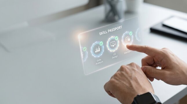 Skills-based workforce - A hand gently opens a digital skill passport displaying verified badges, symbolizing certification and achievement in a clean, modern setting.