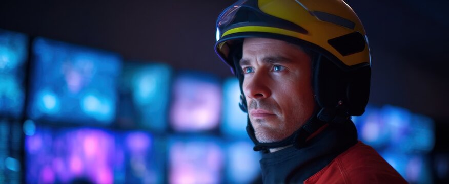 Emergency response firefighter navigates a tech-filled 911 dispatch center like a conductor in an orchestra.