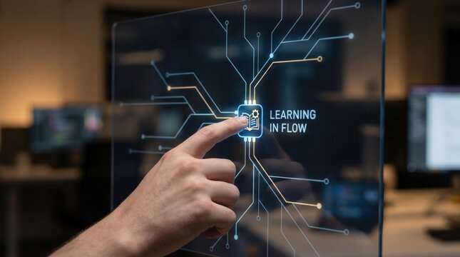 Skills-based workforce - Hand placing a learning icon into a digital workflow, symbolizing seamless integration of training and work with a modern, clean interface.