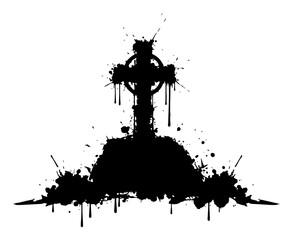 Celtic cross stands on a grave mound featuring grunge ink splatters and dripping paint effect © Wuszu