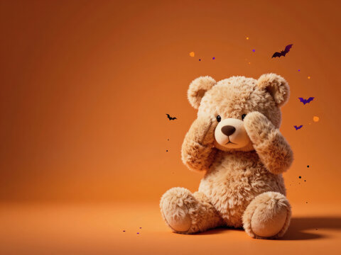 Adorable ours en peluche duveteux couvrant ses yeux avec ses pattes sur un fond orange d&rsquo;Halloween avec des chauves-souris volantes