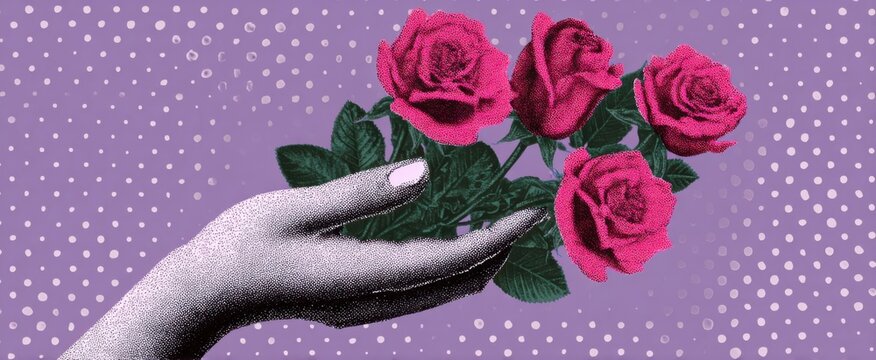 Halftone hand cradling pink roses like a love letter in vintage sticker style for collages