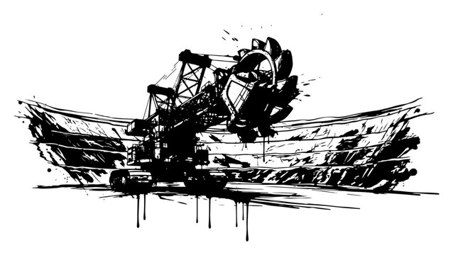 Bucket wheel excavator operates in an open pit mine with grunge ink splatter style