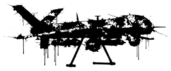 Obraz premium Military predator drone silhouette with expressive black ink splatters and paint drips