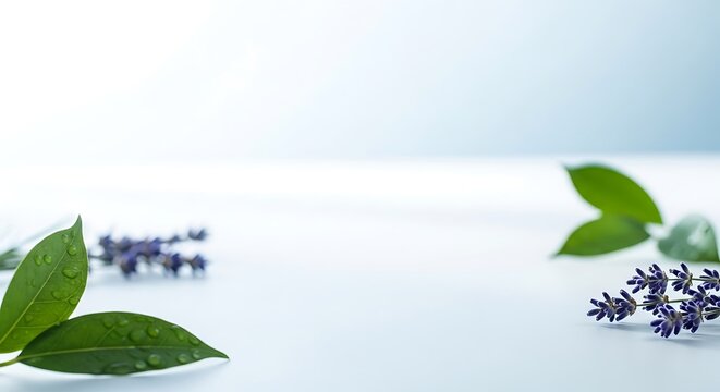 Fresh green leaves and lavender on a light background for natural concepts