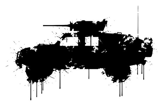 Military armored humvee vehicle silhouette with black ink splatters and grunge paint drips