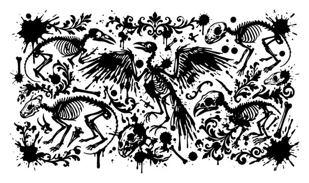 Bird skeletons and animal bones with gothic ornaments and ink splatters in grunge style