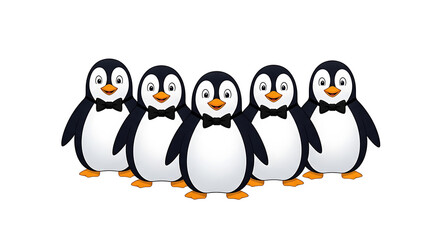 Naklejka premium Five cartoon penguins standing in a row with orange beaks and feet