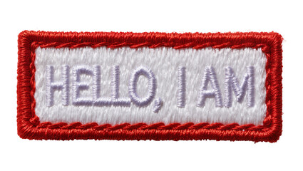 Embroidered rectangular name tag with red border and HELLO I AM text, isolated on transparent background © Aliona