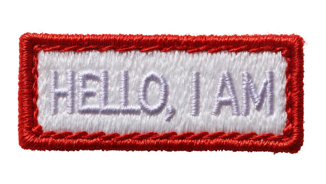 Embroidered rectangular name tag with red border and HELLO I AM text, isolated on transparent background