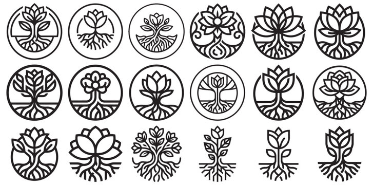 Collection of stylized trees and flowers with roots in circular emblems for logos.