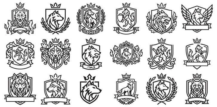 Heraldic wolf emblems featuring majestic wolves in various shields and crests.