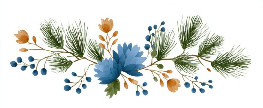 Watercolor blue pine branch wreath dances like autumn leaves in a floral frame.