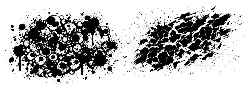 Abstract circle bubbles and shattered cracked textures with black ink splatter grunge effects