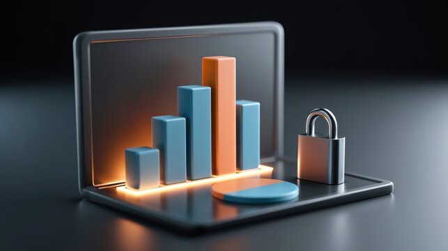 3D illustration of a three bar chart and one pie chart inside a laptop representing data analytics and digital security with a metal padlock on dark background