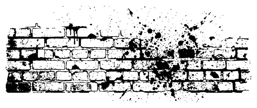 Brick wall masonry texture with black ink splatter and grunge paint drips