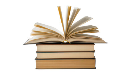 Stack of old books with one open book showing pages, isolated on transparent background