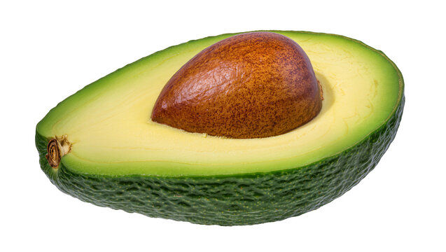 Half avocado with large brown seed, isolated on transparent background