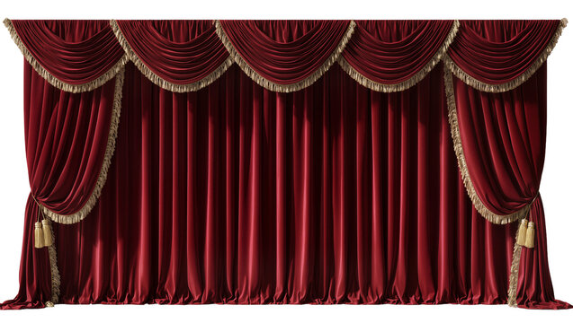 Luxurious red velvet theater curtains with gold trim and tassels, isolated on transparent background