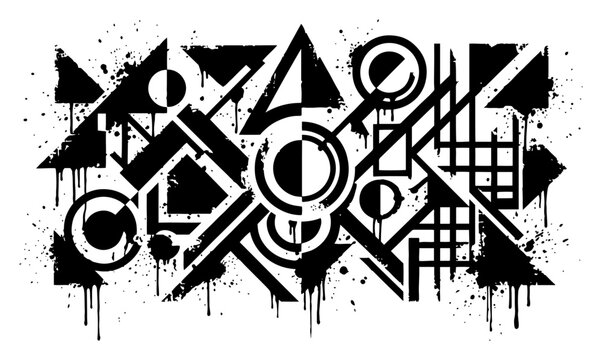 Abstract geometric composition with circles and triangles featuring dripping paint and ink splatters in urban style