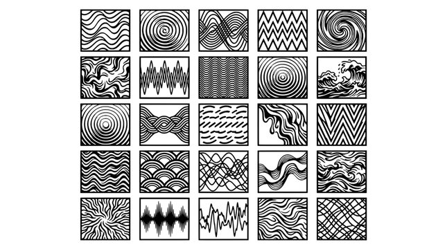 Waves pattern seamless set with monochrome contour lines, concentric spirals, zigzags and wavy textures for design backgrounds