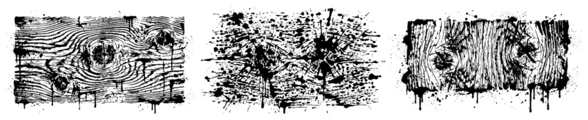 Obraz premium Wood grain texture panels with ink splatters and distressed grunge style