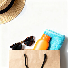 Naklejka premium Summer essentials in a brown paper bag with sunglasses and towel 