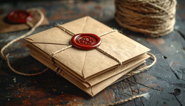 Stack of sealed envelopes with twine and wax seal on rustic wooden surface