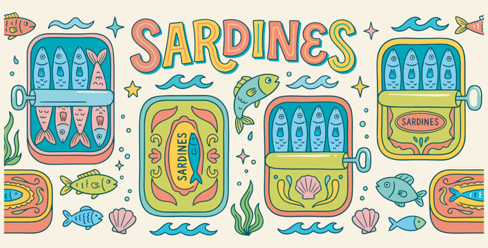 A vibrant illustration of opened sardine cans and swimming fish with the word sardines prominently displayed on transparent background
