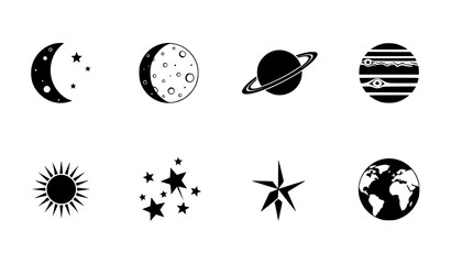 Black and white celestial body icons including planets moon sun stars © vector design 