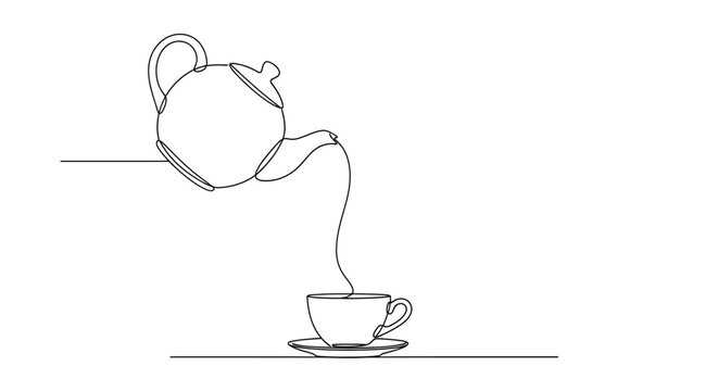 Continuous line drawing of teapot pouring tea into cup