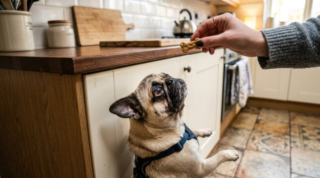 Low angle pug begging for treat in kitchen near hand, cute dog with eager expression and harness