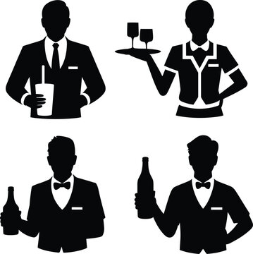 Vector Illustration Featuring 2x2 Grid of Black Silhouette Waitstaff Icons Holding Drinks Trays Bottles and Glasses in Formal Attire