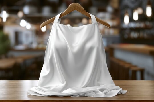 A clean white apron hangs on a wooden hanger in a softly lit restaurant or cafe interior.