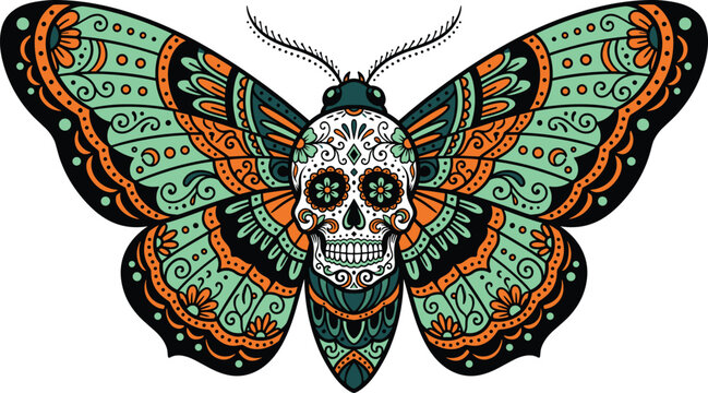 Decorative sugar skull butterfly with colorful ornamental wings representing Day of the Dead Mexican culture and boho tattoo art concept